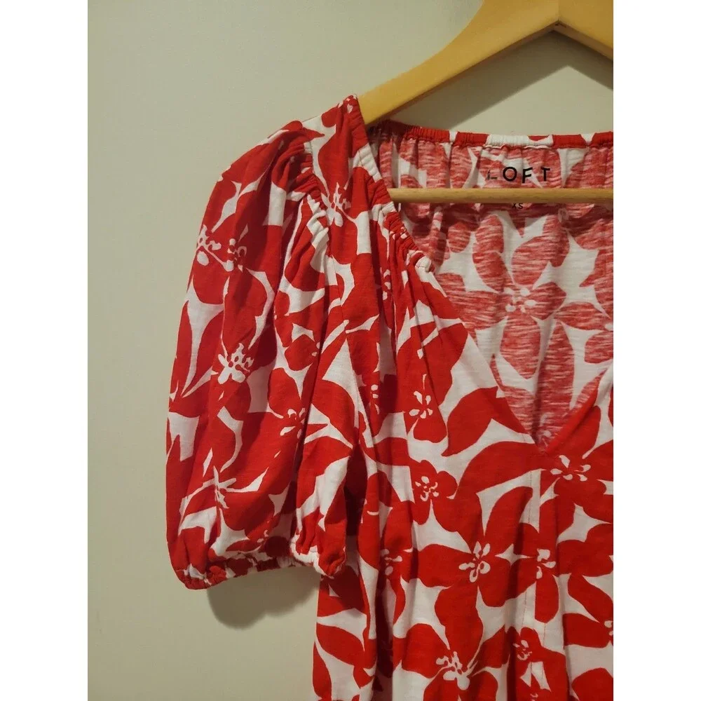 Ann Taylor LOFT Floral Puff Sleeve Blouse Red White Cotton Top Women’s XS